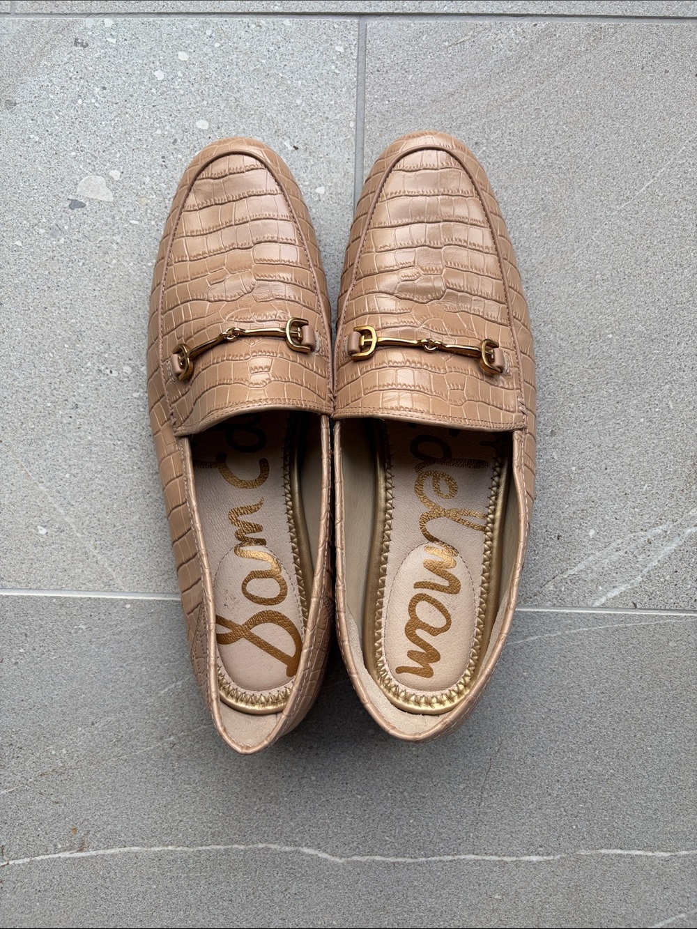 Sam Edelman Tan Croc-Embossed Loafers with Gold buckle. - Picture 7 of 7